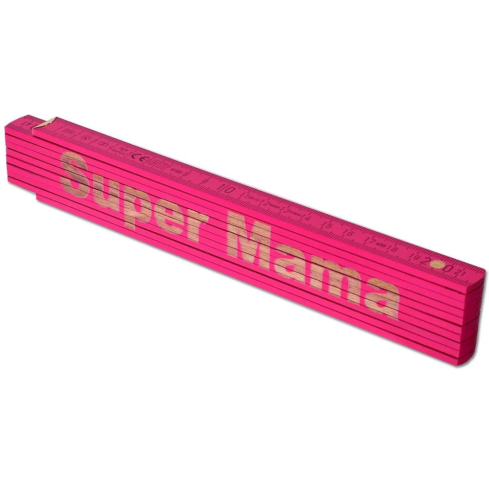 Zollstock 2 m – Pink, Lasergravur „Super Mama“