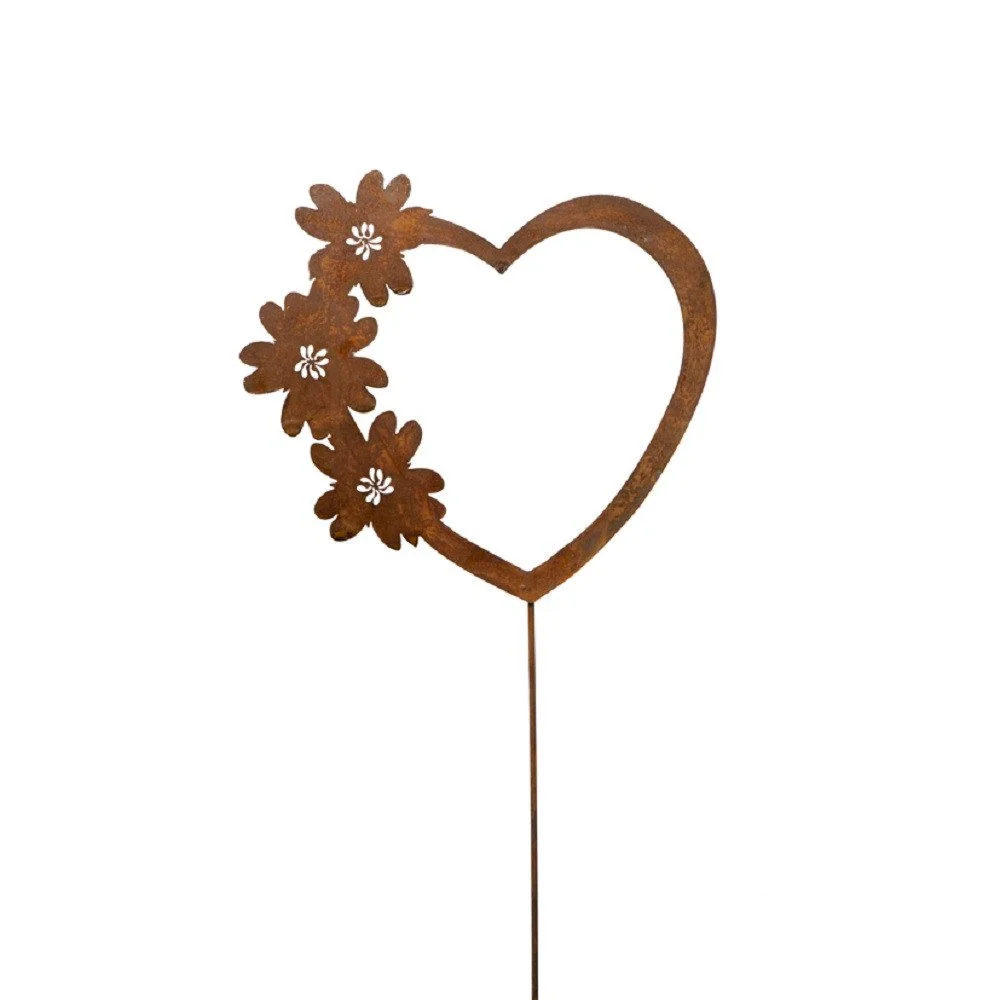 DRAGIMEX Gartenstecker • Herz mit Blumen • 38 cm • Metall Rostoptik