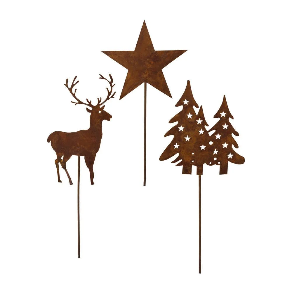GASPER Gartenstecker 3er-Set • Hirsch, Baum & Stern • Rostoptik • 15–18 cm