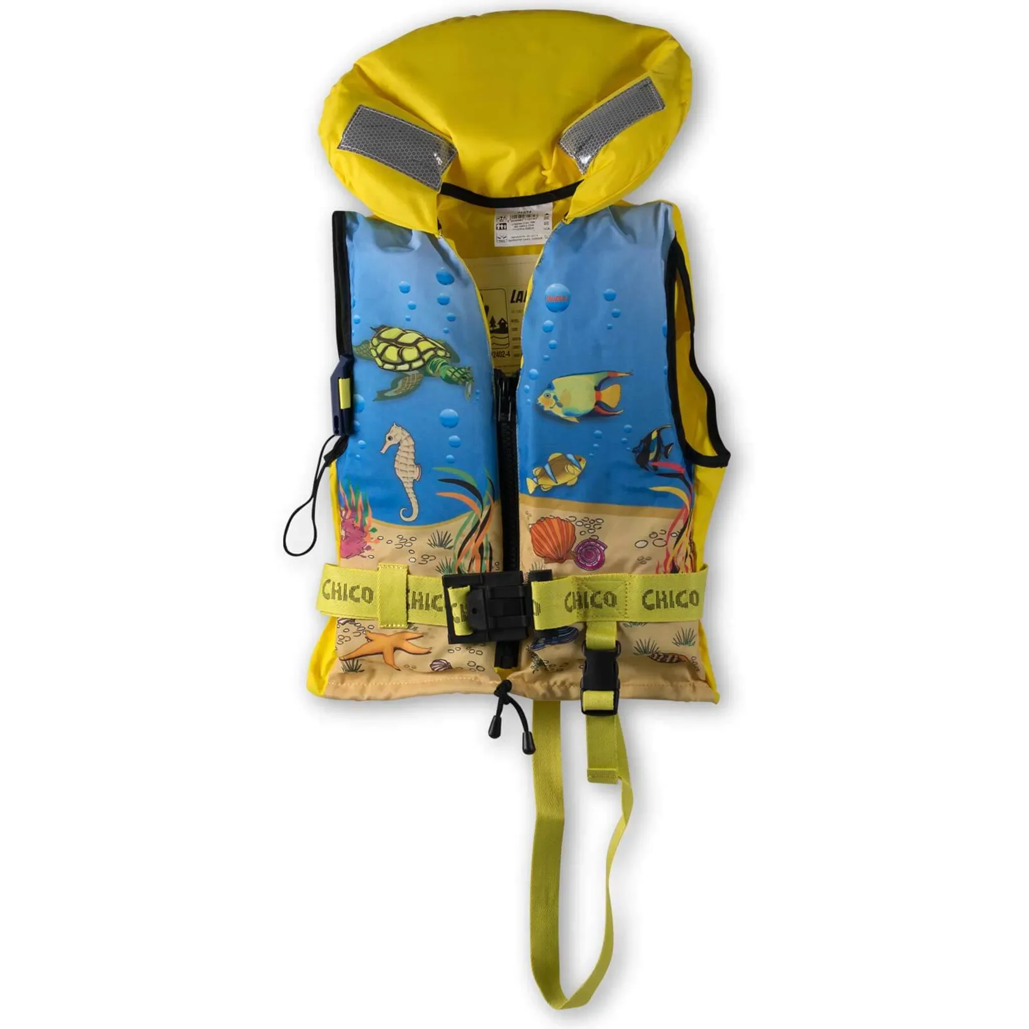 Kinder-Feststoff-Rettungsweste „Chico“ – 100 N – 15–30 kg – Gelb mit Unterwasser-Motiv