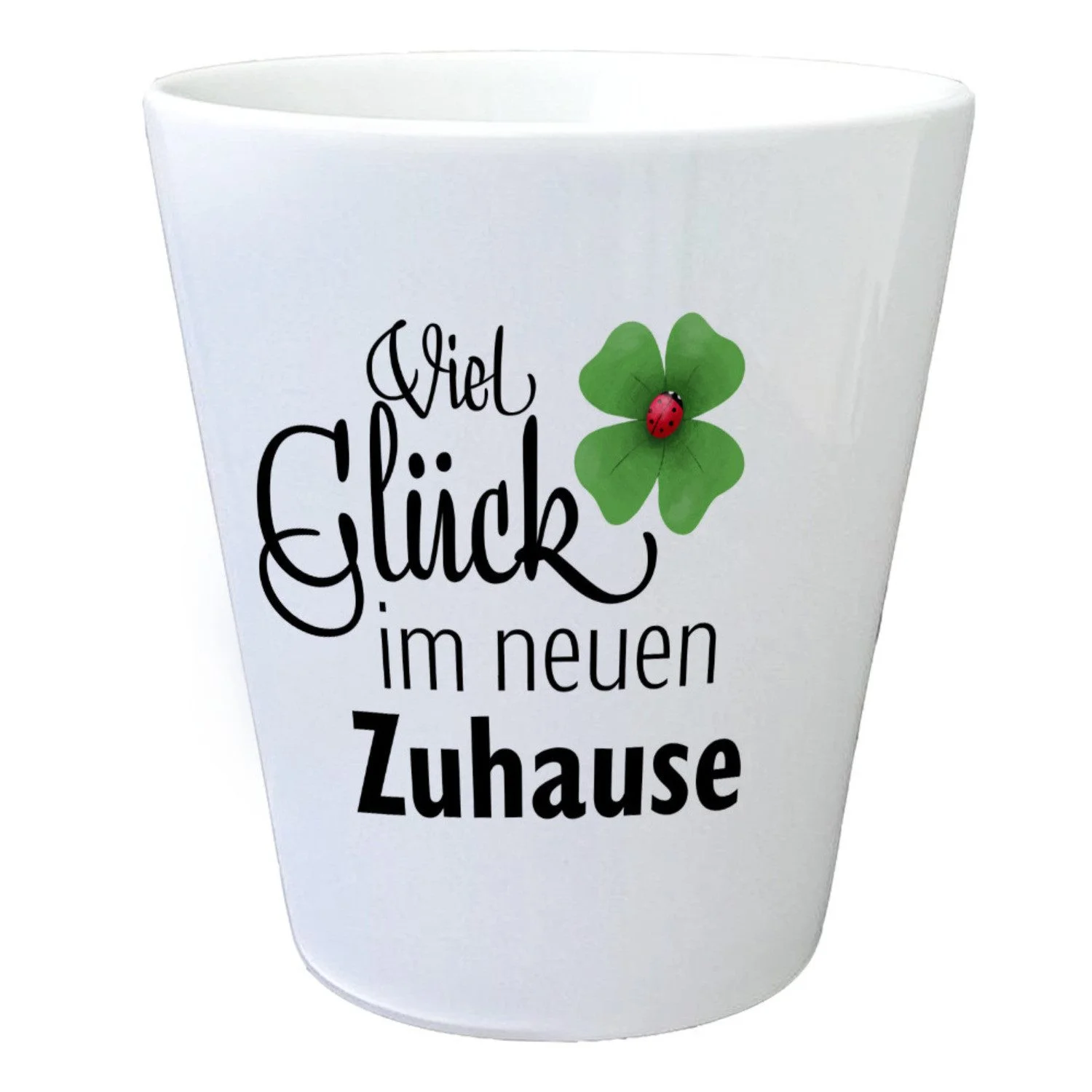 Blumentopf „Viel Glück im neuen Zuhause“ – Kleeblatt & Marienkäfer
